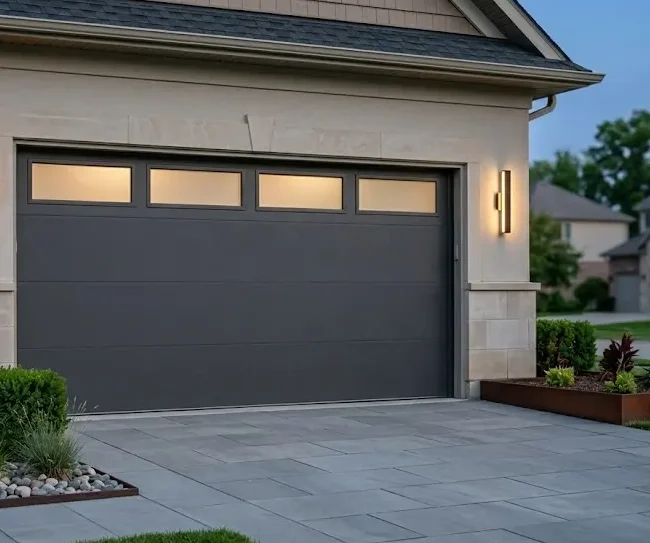 Modern gray residential garage door with decorative upper windows installed on a luxury home exterior at dusk.