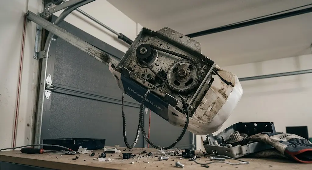 Broken garage door opener with exposed gears and damaged drive belt on a workbench during professional garage door opener repair service.