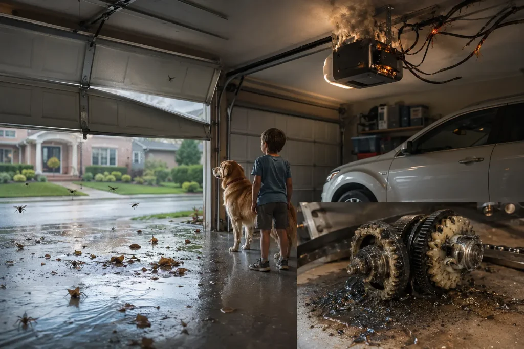 Garage door opener electrical fire with exposed damaged wiring, partially open garage door, pests entering, and broken internal gears showing the dangers of delayed garage door opener repair.