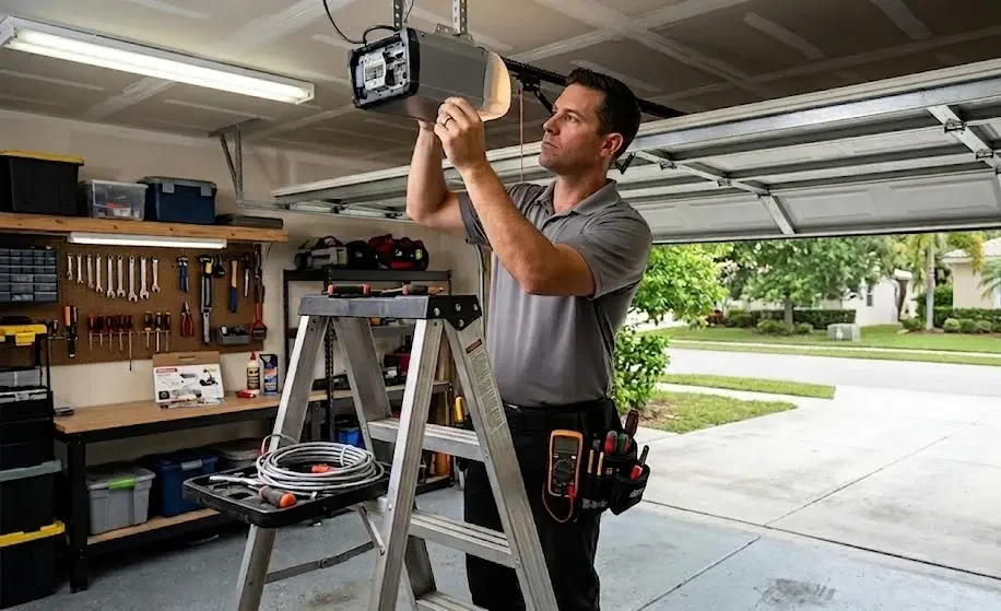 Garage door technician repairing a LiftMaster garage door opener inside a residential garage in Hollywood, FL.