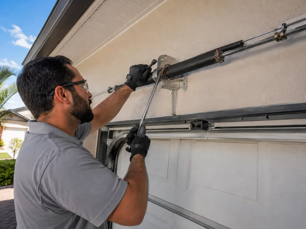 Professional technician replacing a torsion garage door spring on a residential garage door in Hollywood, FL.