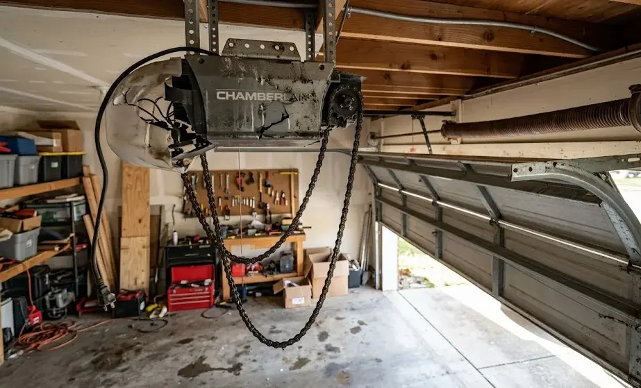Damaged garage door opener with a broken motor housing and hanging chain before professional repair.