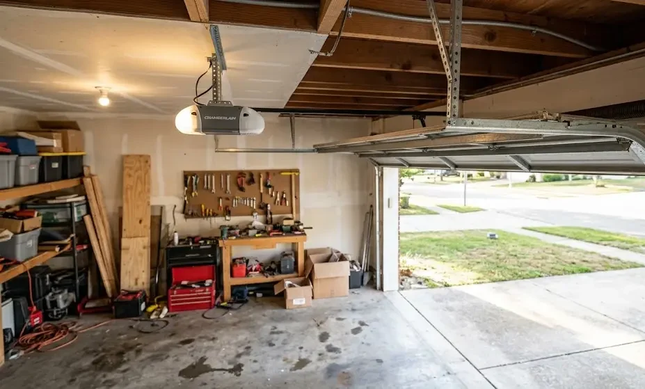 Garage door operating smoothly after professional garage door opener repair with a newly installed Chamberlain opener.