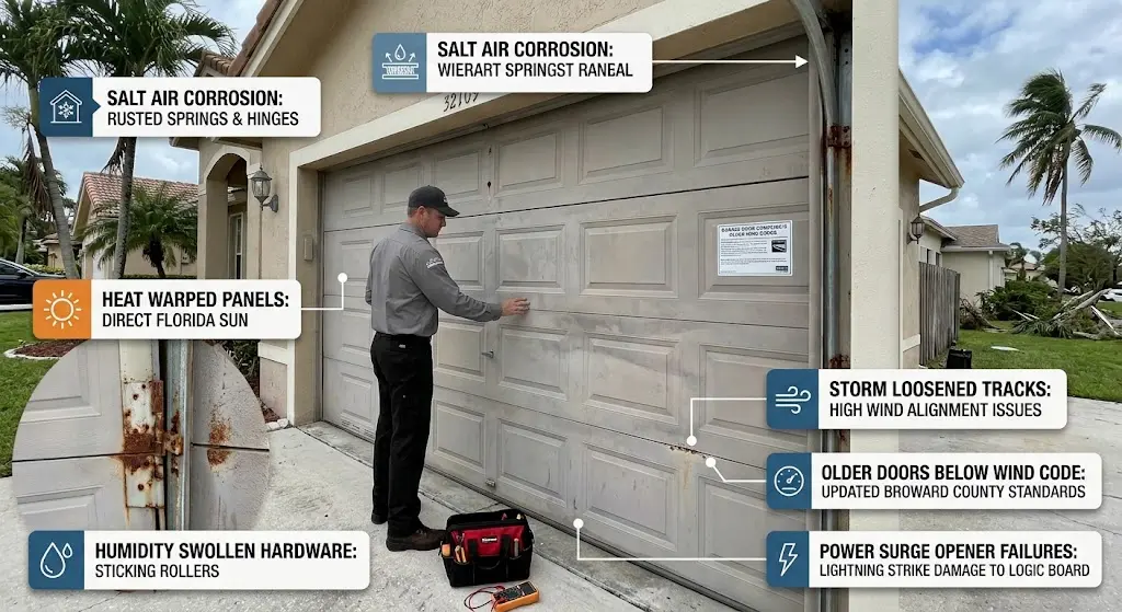 Florida garage door showing salt air corrosion, heat damage, storm-related track issues, and humidity-swollen hardware