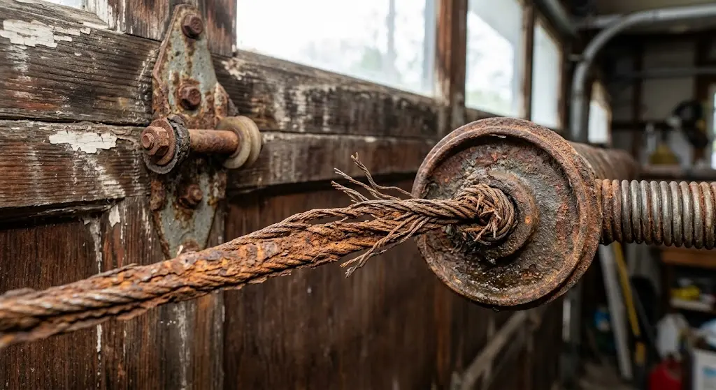 Close-up of a rusted, badly frayed garage door cable attached to a rusty cable drum and shaft.