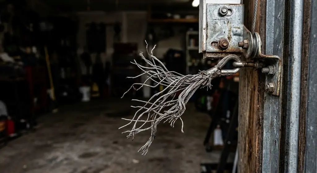 Frayed steel cable secured to a metal garage door latch, with an open workshop blurred in the background.