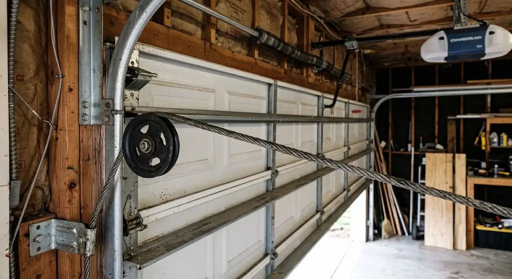 Close-up of a garage door cable running through a pulley, with the metal track and opener mechanism visible inside a wooden garage.