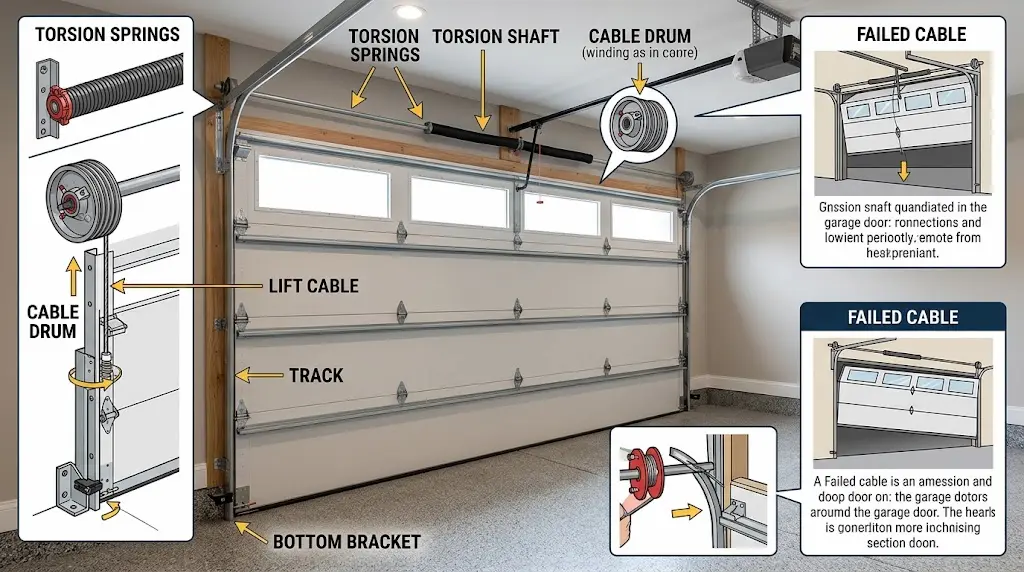 Diagram of a sectional garage door showing torsion springs, torsion shaft, cable drum, lift cable, track, and bottom bracket, with illustrations of failed garage door cables.