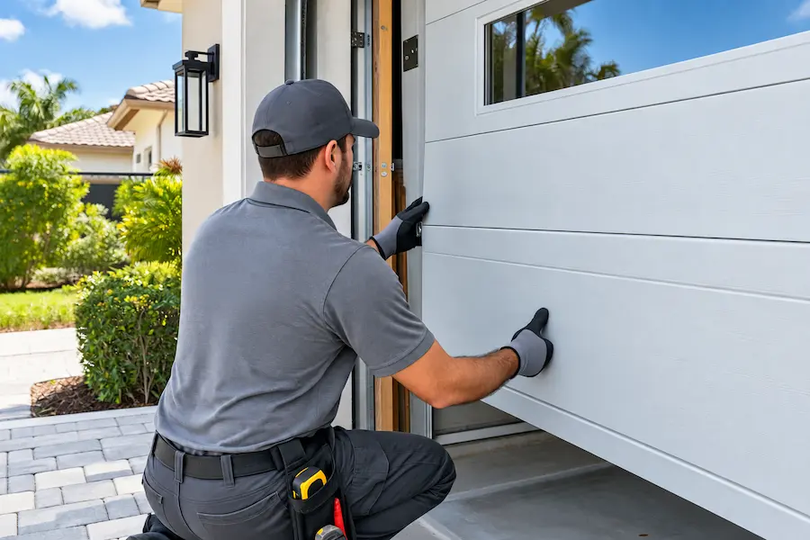 A garage door technician wearing protective gloves installs or adjusts a white sectional garage door at a residential home.