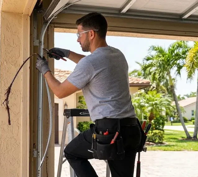 Garage door technician wearing safety glasses and gloves, repairing a frayed cable beside an open garage door.