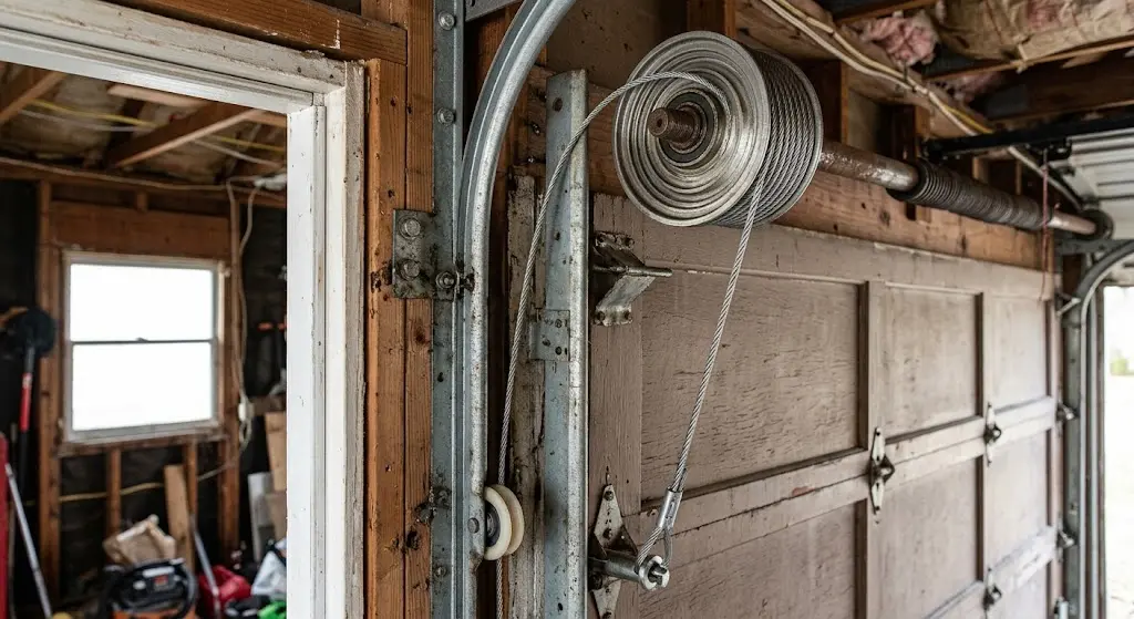 The steel lift cable slipped out of the drum grooves, leaving it tangled and unwound beside the track with uneven drum tension.
