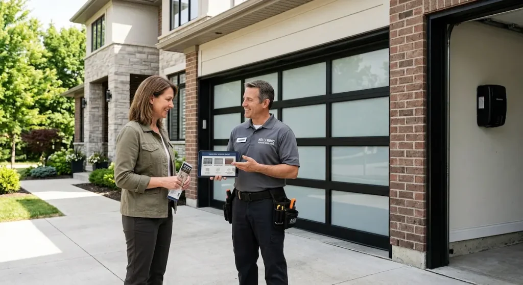 A home security technician discusses garage door and security system options with a homeowner outside a modern suburban house in hollywood fl