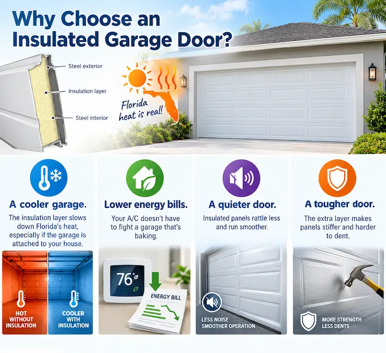 Benefits of an insulated garage door, including a cooler garage, lower energy bills, quieter operation, and stronger panels.