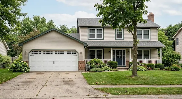 Two-story suburban home with newly installed white carriage-style garage door and black decorative hardware.
