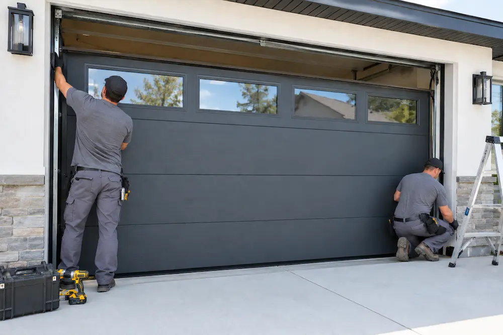 Two professional garage door installers in gray T-shirts installing a dark gray sectional garage door on a modern home, with tools and a ladder visible on the driveway.