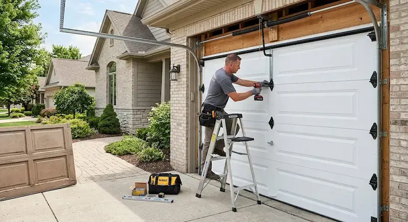 a professional technician installing a garage door by standing on ladder