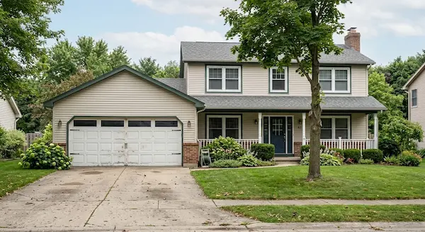 Two-story suburban home featuring weathered garage door before replacement or restoration.