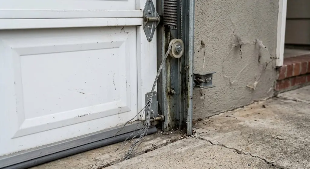 A zoomed-out shot showing a frayed and broken steel lift cable hanging loose near the metal track and pulley at the bottom corner of a white residential garage door.